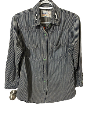 Anthropologie Sandrine Rose Navy Striped & Embroidered Shirt Size Small